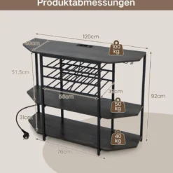 3-stufiges Industrielles Weinregal mit Steckdosen & Flaschenregal & Glashaltern Weinbarschrank Grau