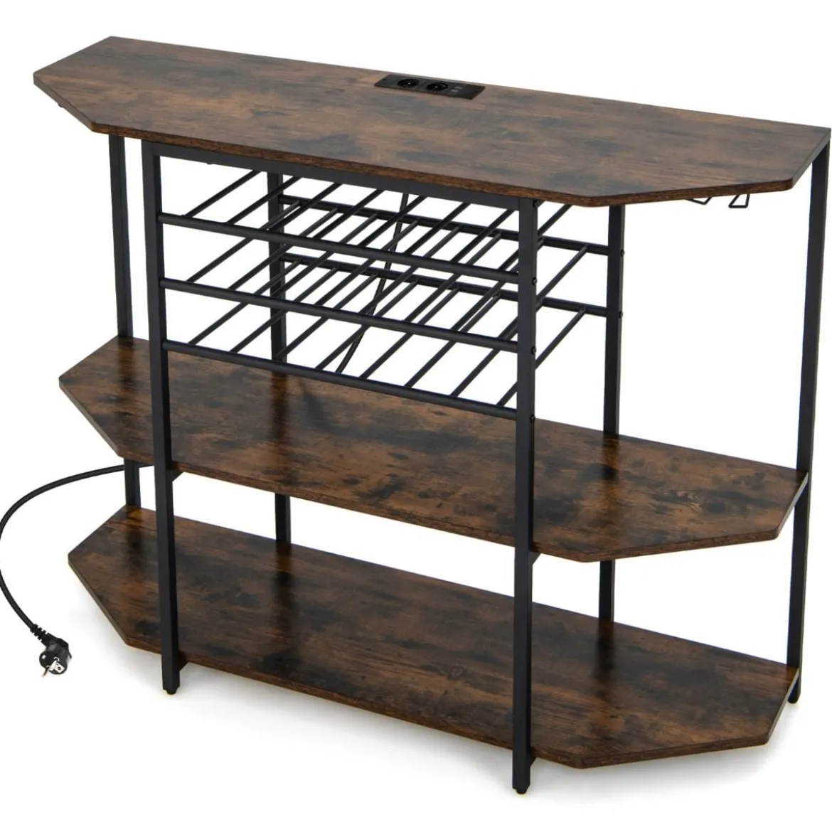 3-stufiges Industrielles Weinregal mit Steckdosen & Flaschenregal & Glashaltern Weinbarschrank Braun