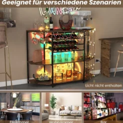 3-stufiges Industrielles Weinregal mit Steckdosen & Flaschenregal & Glashaltern Weinbarschrank Braun