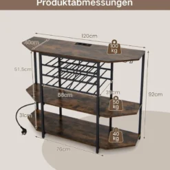 3-stufiges Industrielles Weinregal mit Steckdosen & Flaschenregal & Glashaltern Weinbarschrank Braun