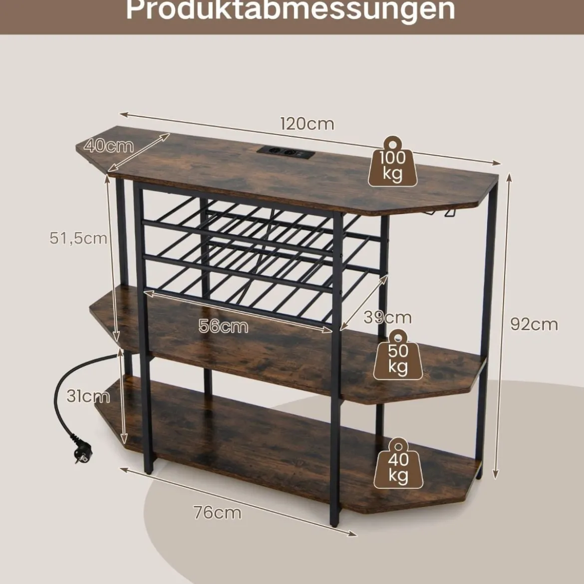 3-stufiges Industrielles Weinregal mit Steckdosen & Flaschenregal & Glashaltern Weinbarschrank Braun