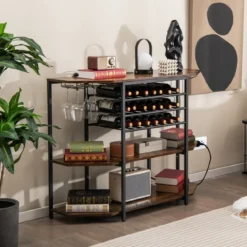 3-stufiges Industrielles Weinregal mit Steckdosen & Flaschenregal & Glashaltern Weinbarschrank Braun