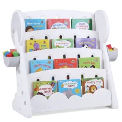 4-stufiges Kinderbücherregal Kinderregal mit 2 Aufbewahrungsboxen & umkehrbarem unterem Regalboden Weiß