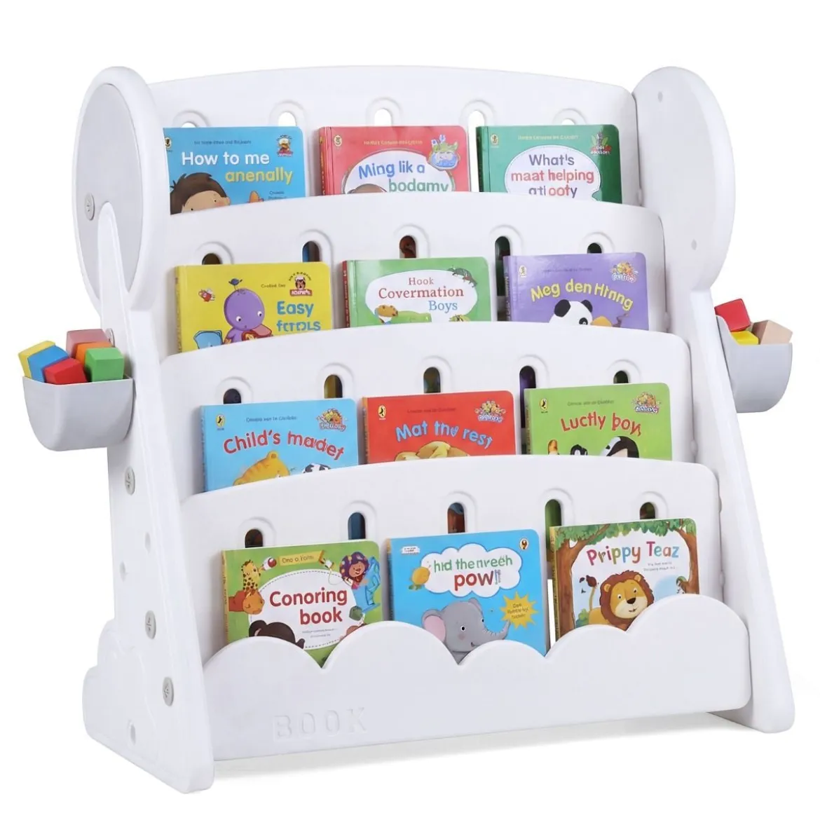 4-stufiges Kinderbücherregal Kinderregal mit 2 Aufbewahrungsboxen & umkehrbarem unterem Regalboden Weiß