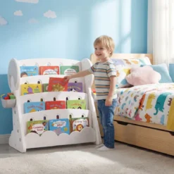 4-stufiges Kinderbücherregal Kinderregal mit 2 Aufbewahrungsboxen & umkehrbarem unterem Regalboden Weiß