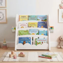 4-stufiges Kinderbücherregal Kinderregal mit 2 Aufbewahrungsboxen & umkehrbarem unterem Regalboden Weiß