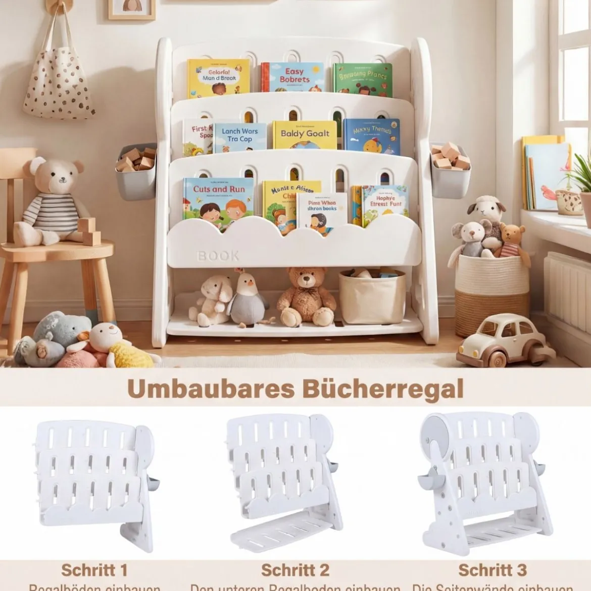 4-stufiges Kinderbücherregal Kinderregal mit 2 Aufbewahrungsboxen & umkehrbarem unterem Regalboden Weiß