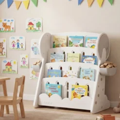 4-stufiges Kinderbücherregal Kinderregal mit 2 Aufbewahrungsboxen & umkehrbarem unterem Regalboden Weiß