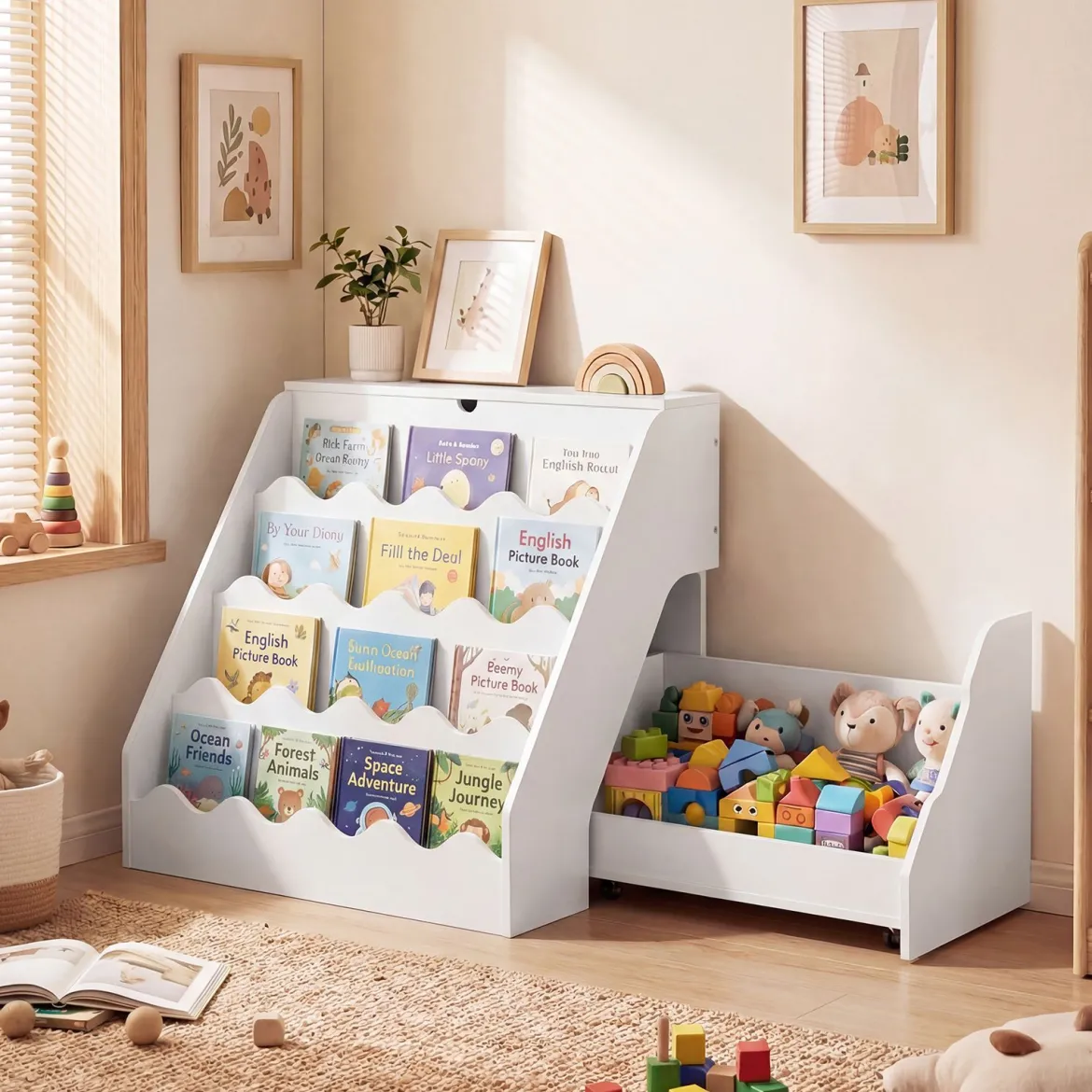 4 Stufiges Kinder Bücherregal mit Aufklappbaren Fach & Schublade auf Rollen Kinderregal Weiß