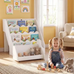 4 Stufiges Kinder Bücherregal mit Aufklappbaren Fach & Schublade auf Rollen Kinderregal Weiß
