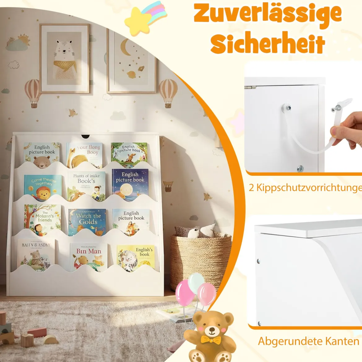 4 Stufiges Kinder Bücherregal mit Aufklappbaren Fach & Schublade auf Rollen Kinderregal Weiß