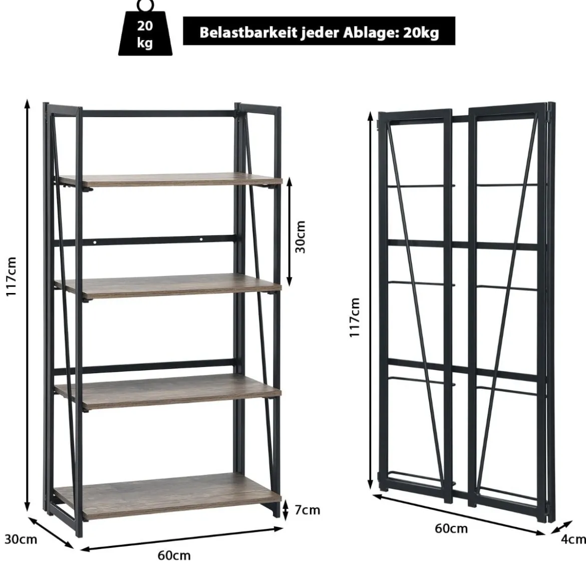 4-stufiges klappbares Bücherregal mit Metallrahmen industrielles wandmontiertes Bücherregal Rustikales Braun