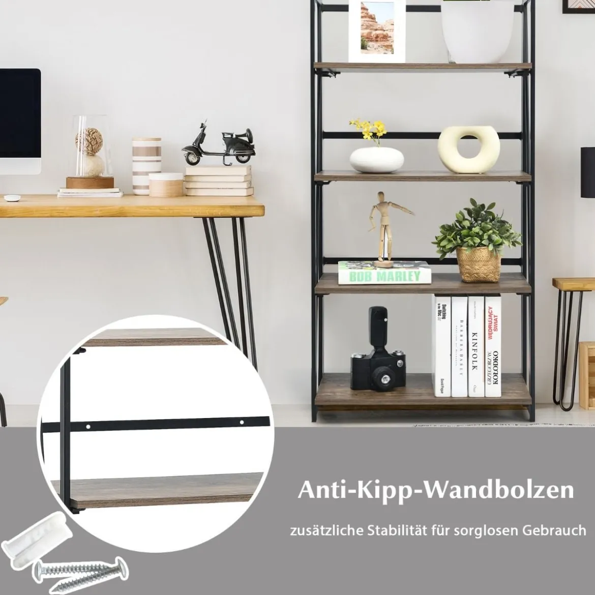 4-stufiges klappbares Bücherregal mit Metallrahmen industrielles wandmontiertes Bücherregal Rustikales Braun