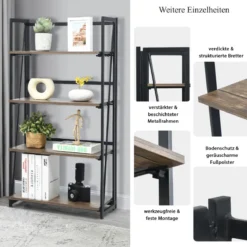 4-stufiges klappbares Bücherregal mit Metallrahmen industrielles wandmontiertes Bücherregal Rustikales Braun