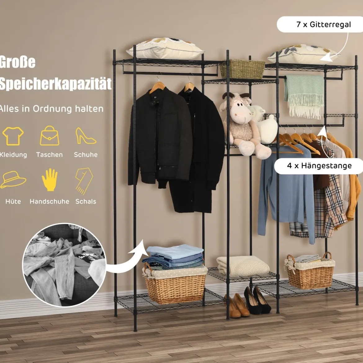 5-stufiges Kleiderregal Robuster Kleiderschrank mit großer Kapazität 189 x 45 x 195 cm Schwarz
