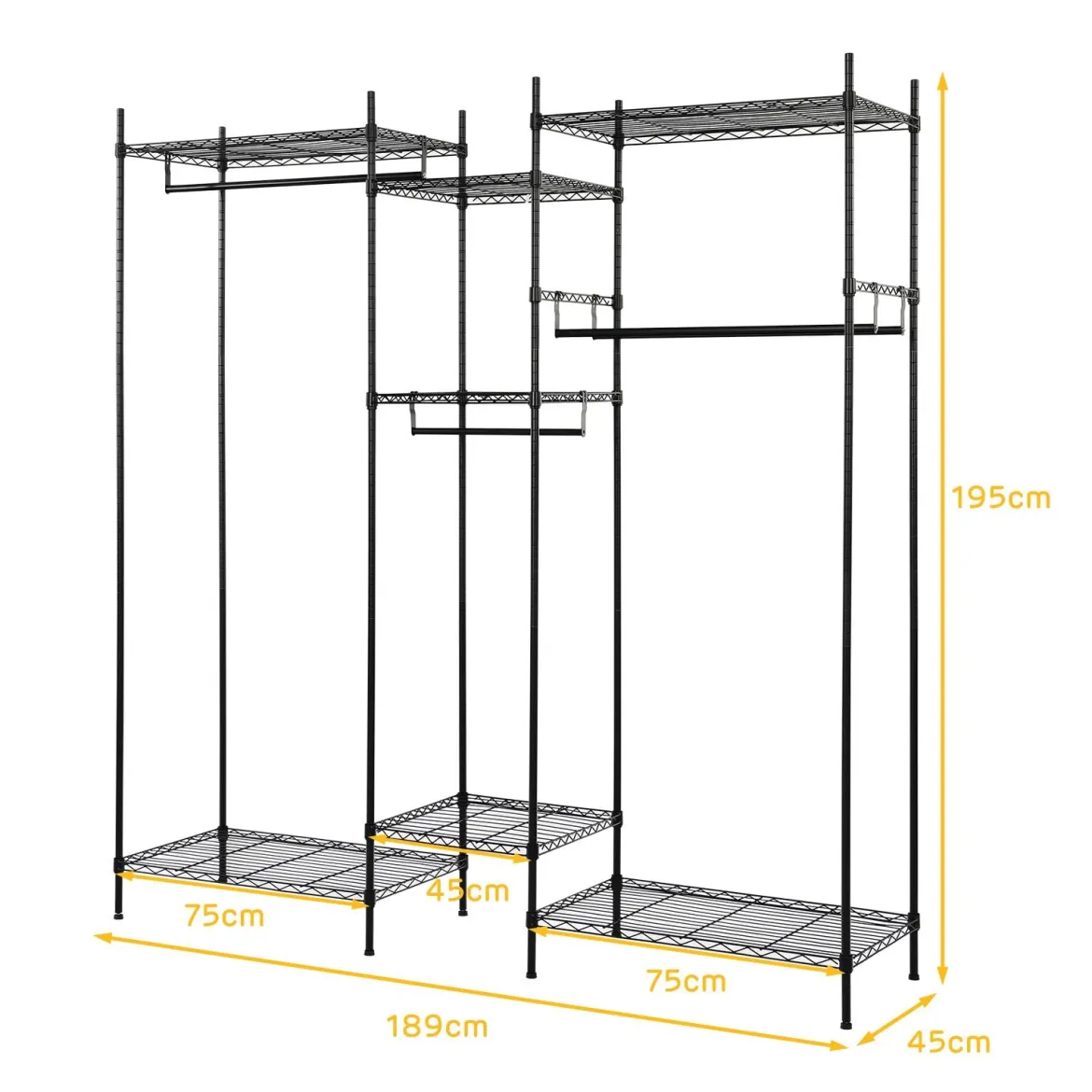 5-stufiges Kleiderregal Robuster Kleiderschrank mit großer Kapazität 189 x 45 x 195 cm Schwarz