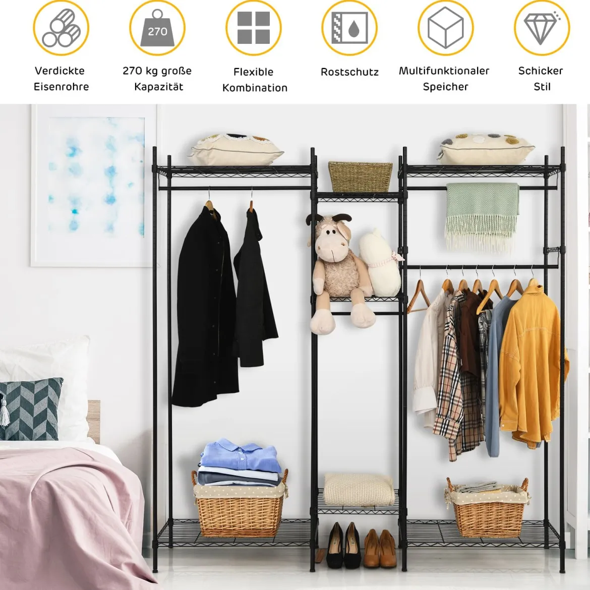5-stufiges Kleiderregal Robuster Kleiderschrank mit großer Kapazität 189 x 45 x 195 cm Schwarz
