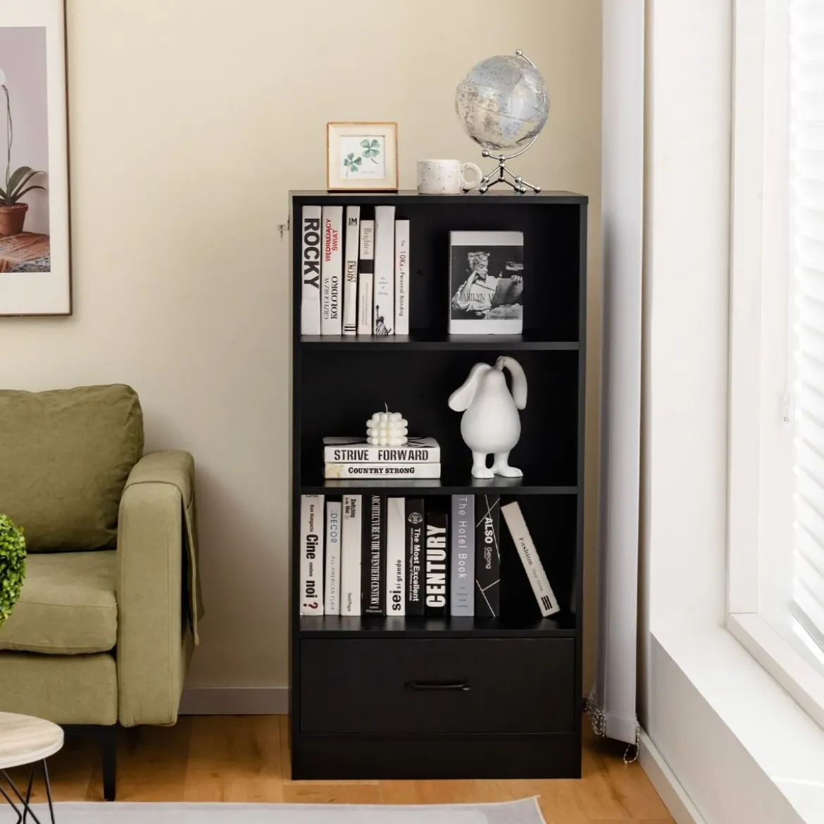 4-Stufiges Lagerregal Holzregal mit Schublade Bücherregal 60 x 38 x 120 cm Schwarz
