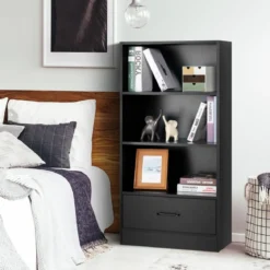 4-Stufiges Lagerregal Holzregal mit Schublade Bücherregal 60 x 38 x 120 cm Schwarz