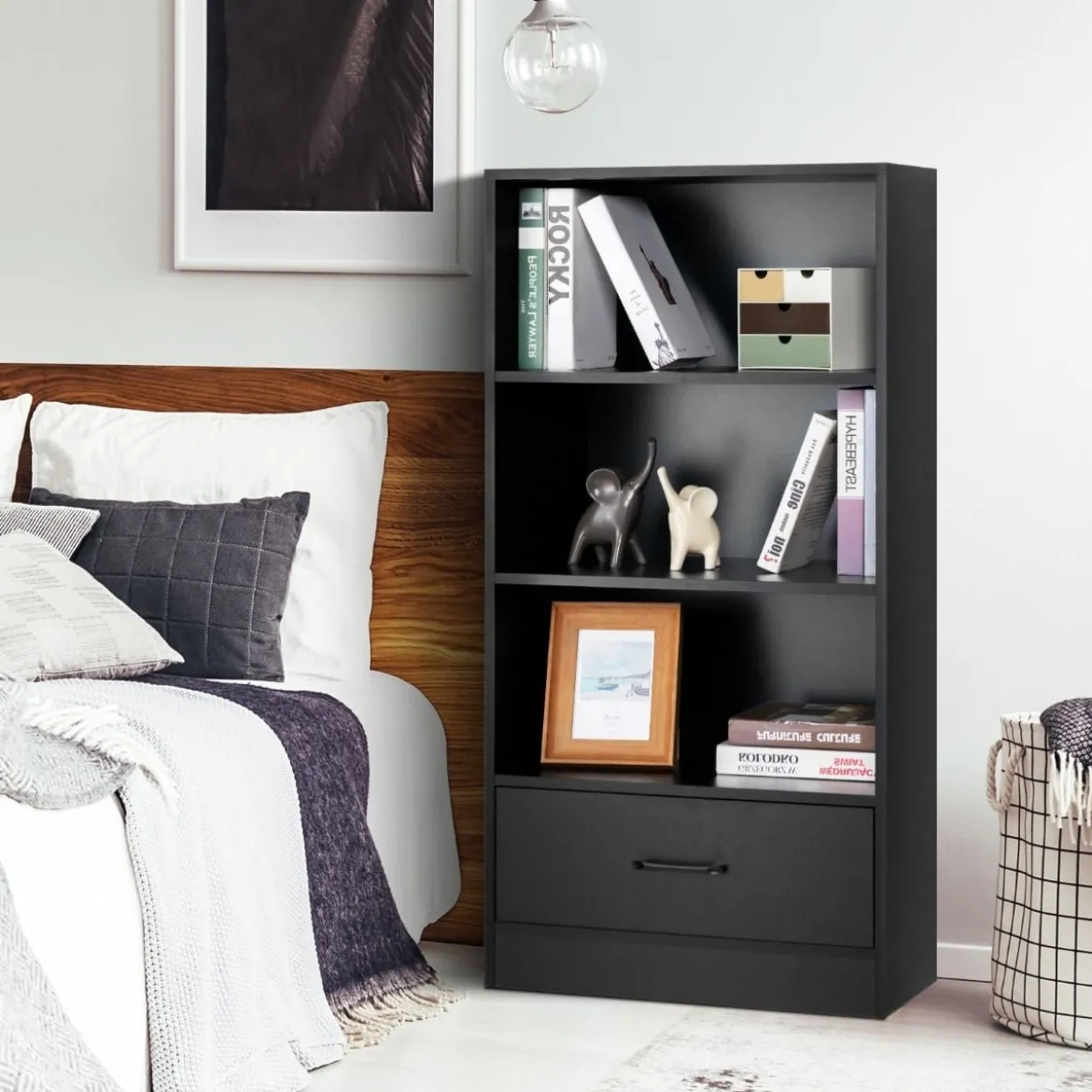 4-Stufiges Lagerregal Holzregal mit Schublade Bücherregal 60 x 38 x 120 cm Schwarz