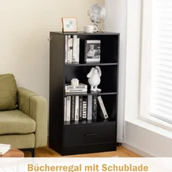 4-Stufiges Lagerregal Holzregal mit Schublade Bücherregal 60 x 38 x 120 cm Schwarz