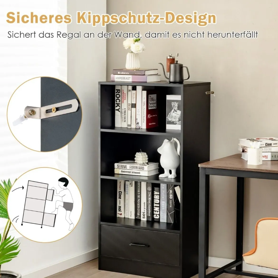 4-Stufiges Lagerregal Holzregal mit Schublade Bücherregal 60 x 38 x 120 cm Schwarz