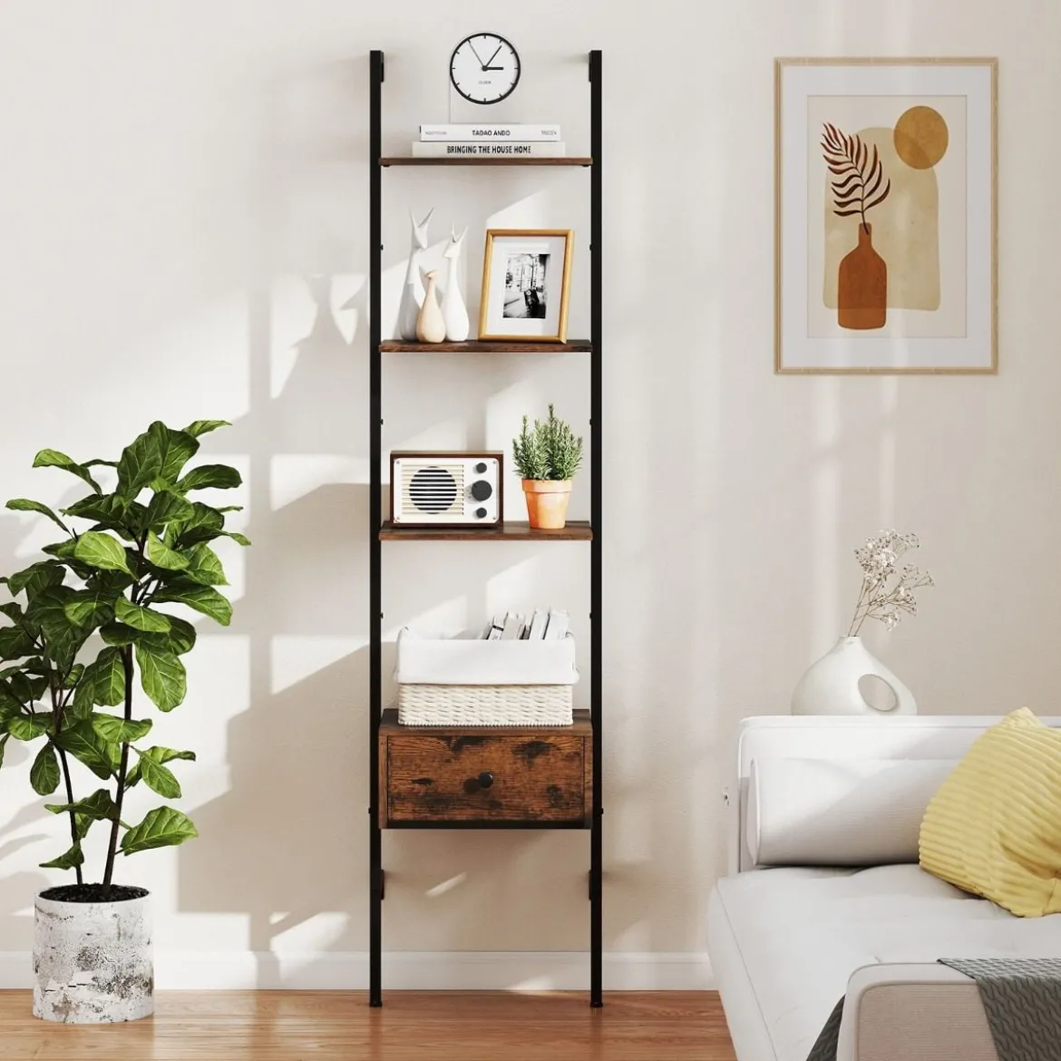 5-stufiges Leiterregal mit Schublade & Metallrahmen Wandmontiertes Bücherregal Braun