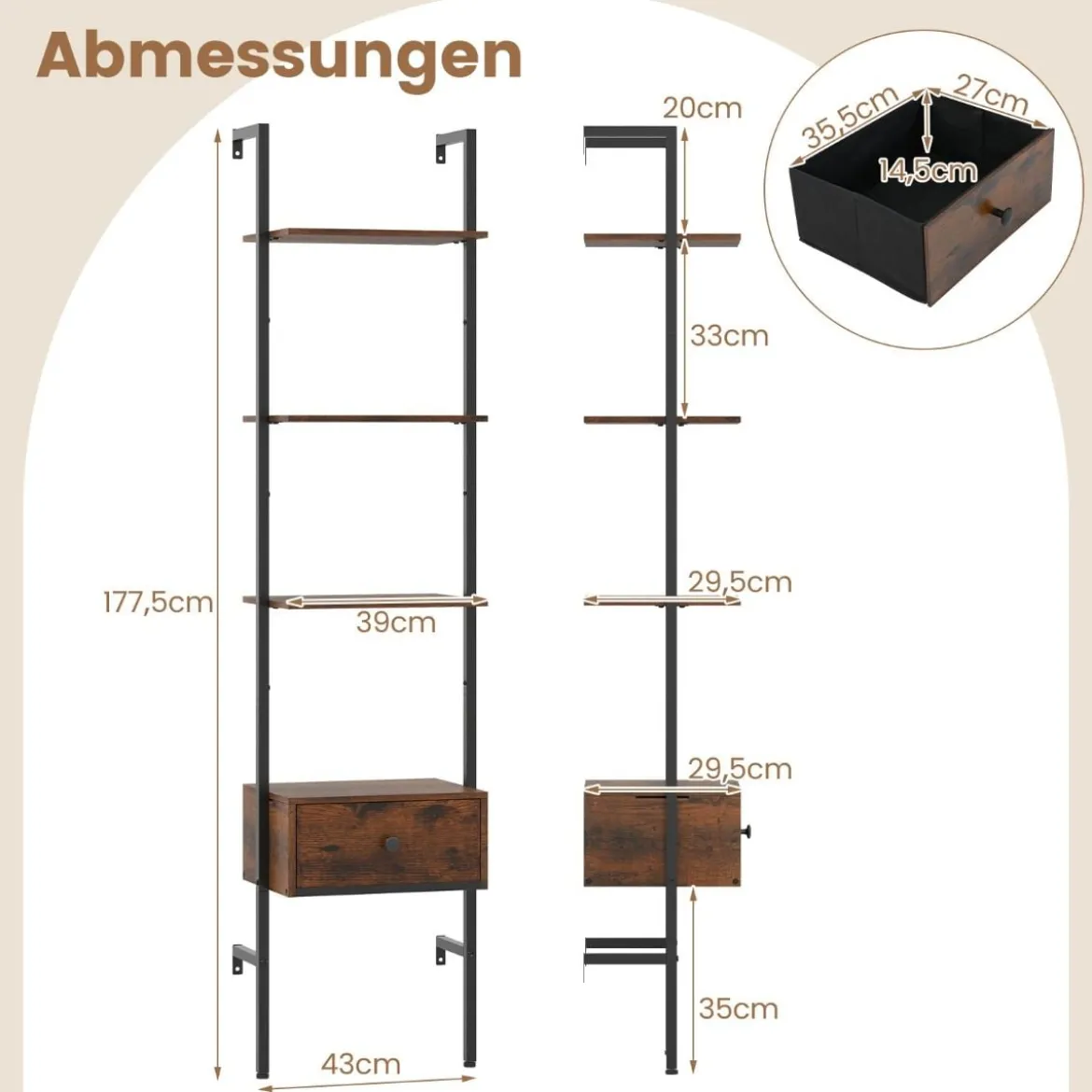 5-stufiges Leiterregal mit Schublade & Metallrahmen Wandmontiertes Bücherregal Braun