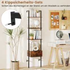 5-stufiges Leiterregal mit Schublade & Metallrahmen Wandmontiertes Bücherregal Braun