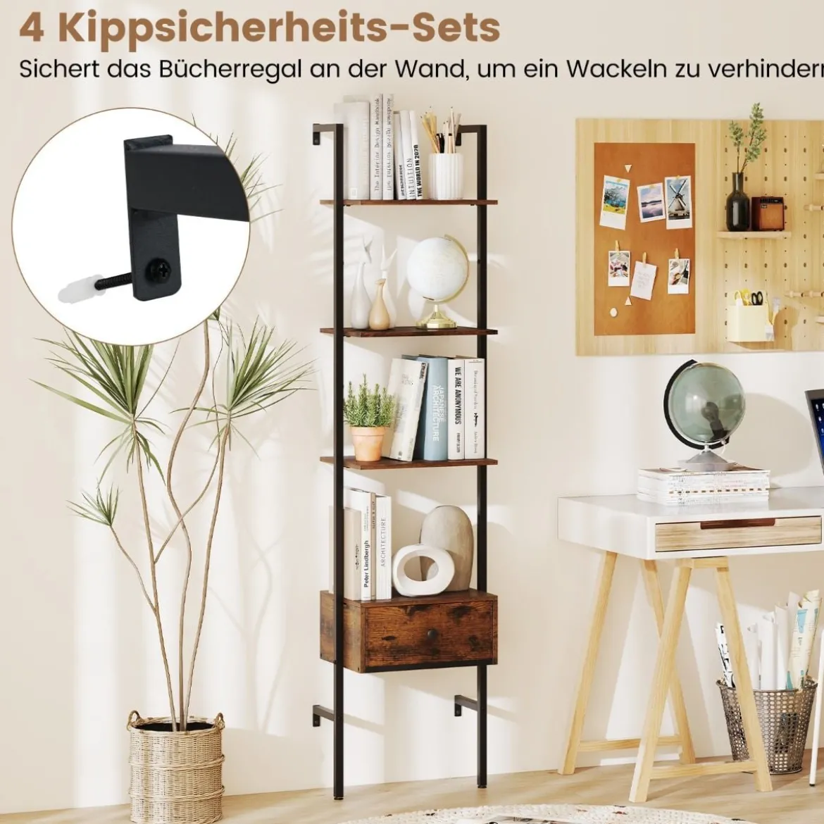 5-stufiges Leiterregal mit Schublade & Metallrahmen Wandmontiertes Bücherregal Braun