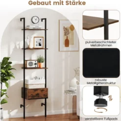 5-stufiges Leiterregal mit Schublade & Metallrahmen Wandmontiertes Bücherregal Braun