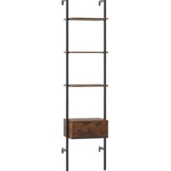 5-stufiges Leiterregal mit Schublade & Metallrahmen Wandmontiertes Bücherregal Braun