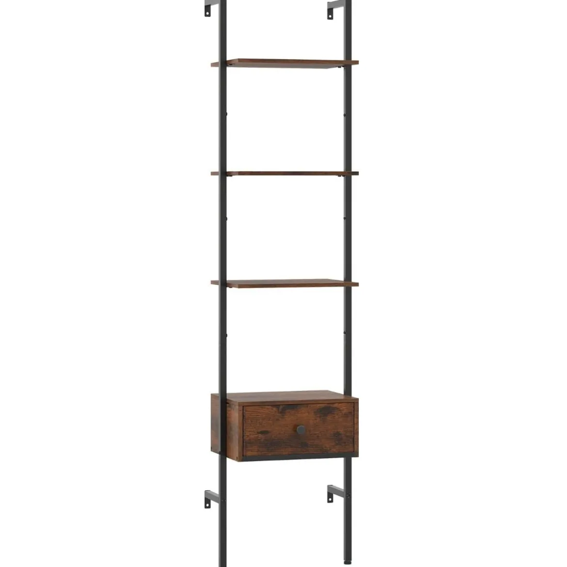 5-stufiges Leiterregal mit Schublade & Metallrahmen Wandmontiertes Bücherregal Braun