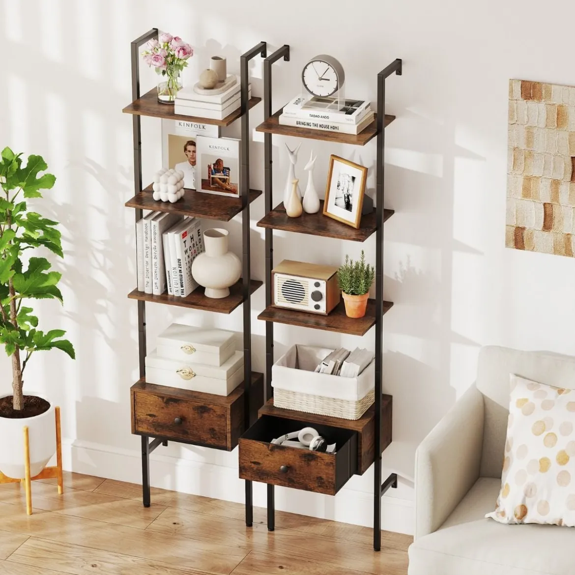 5-stufiges Leiterregal mit Schublade & Metallrahmen Wandmontiertes Bücherregal Braun