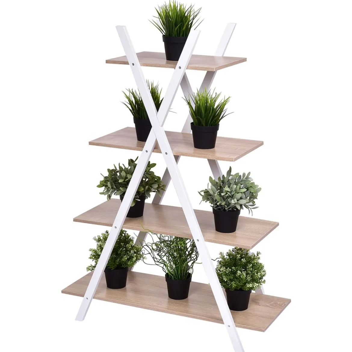4-stufiges Leiterregal X-förmiges Bücherregal EckregalVerkaufsregal Natur 80 x 34 x 108 cm