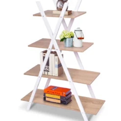4-stufiges Leiterregal X-förmiges Bücherregal EckregalVerkaufsregal Natur 80 x 34 x 108 cm