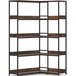 5-stufiges L-förmiges Bücherregal Eckbücherregal Industrielles offenes Lagerregal Rustikal Braun