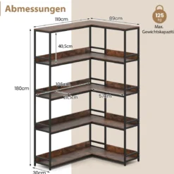 5-stufiges L-förmiges Bücherregal Eckbücherregal Industrielles offenes Lagerregal Rustikal Braun