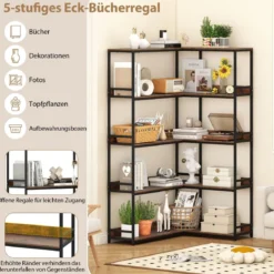 5-stufiges L-förmiges Bücherregal Eckbücherregal Industrielles offenes Lagerregal Rustikal Braun
