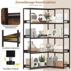 5-stufiges L-förmiges Bücherregal Eckbücherregal Industrielles offenes Lagerregal Rustikal Braun