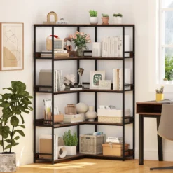 5-stufiges L-förmiges Bücherregal Eckbücherregal Industrielles offenes Lagerregal Rustikal Braun