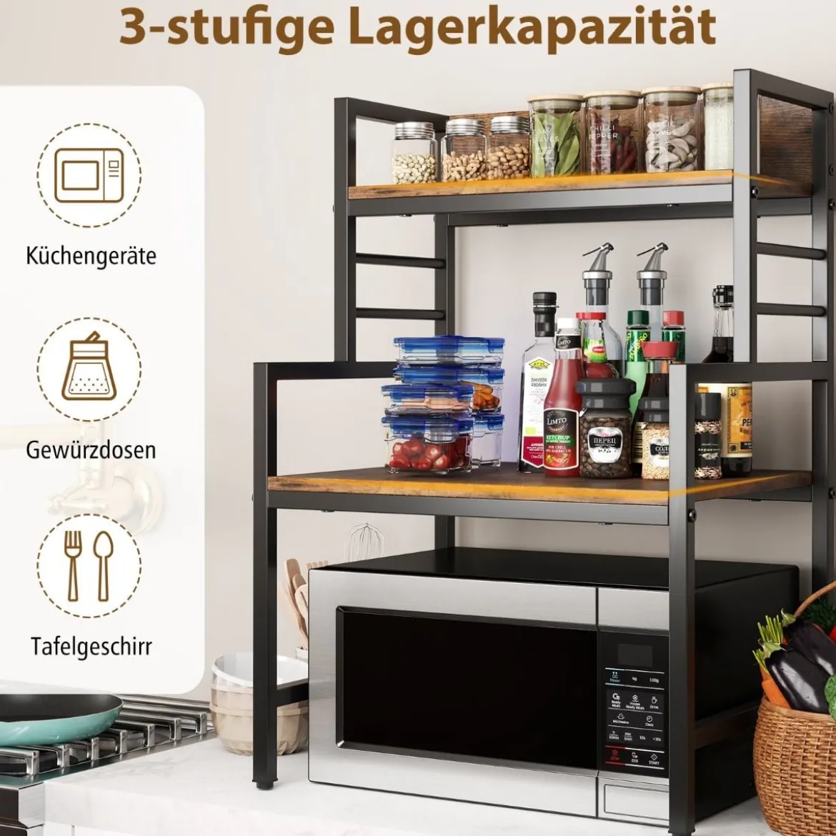 3 Stufiges Mikrowellenregal Mikrowellenständer mit 2 offenen Ablagen 52 x 42 x 78 cm