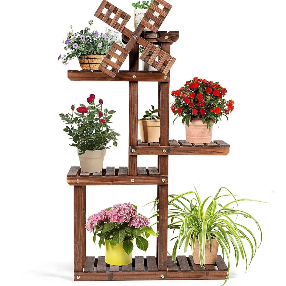 5-stufiges Pflanzenregal Blumenregal mit Windmühle aus Holz 60 x 25 x 97 cm Braun