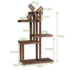 5-stufiges Pflanzenregal Blumenregal mit Windmühle aus Holz 60 x 25 x 97 cm Braun