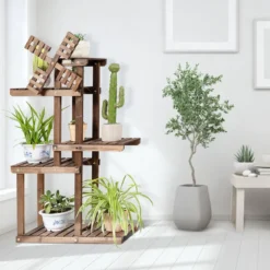5-stufiges Pflanzenregal Blumenregal mit Windmühle aus Holz 60 x 25 x 97 cm Braun