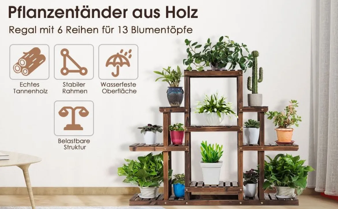 6-stufiges Pflanzenregal freistehender rustikaler Pflanzenständer aus Holz braun 120 x 25 x 96 cm
