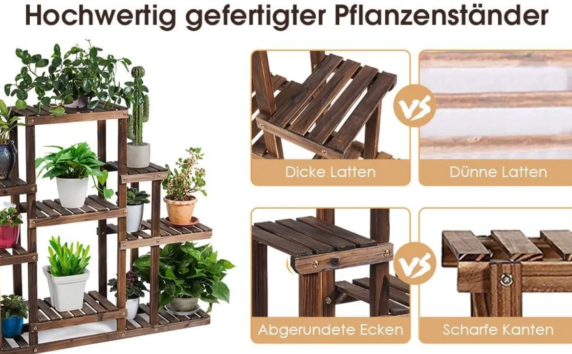 6-stufiges Pflanzenregal freistehender rustikaler Pflanzenständer aus Holz braun 120 x 25 x 96 cm