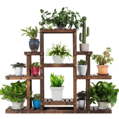 6-stufiges Pflanzenregal freistehender rustikaler Pflanzenständer aus Holz braun 120 x 25 x 96 cm