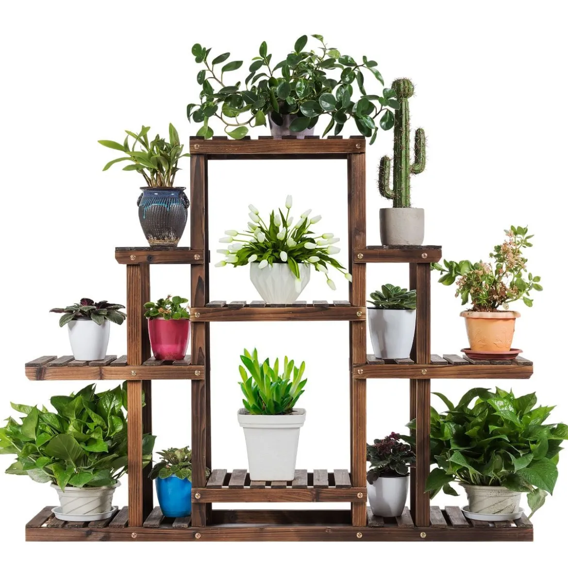 6-stufiges Pflanzenregal freistehender rustikaler Pflanzenständer aus Holz braun 120 x 25 x 96 cm