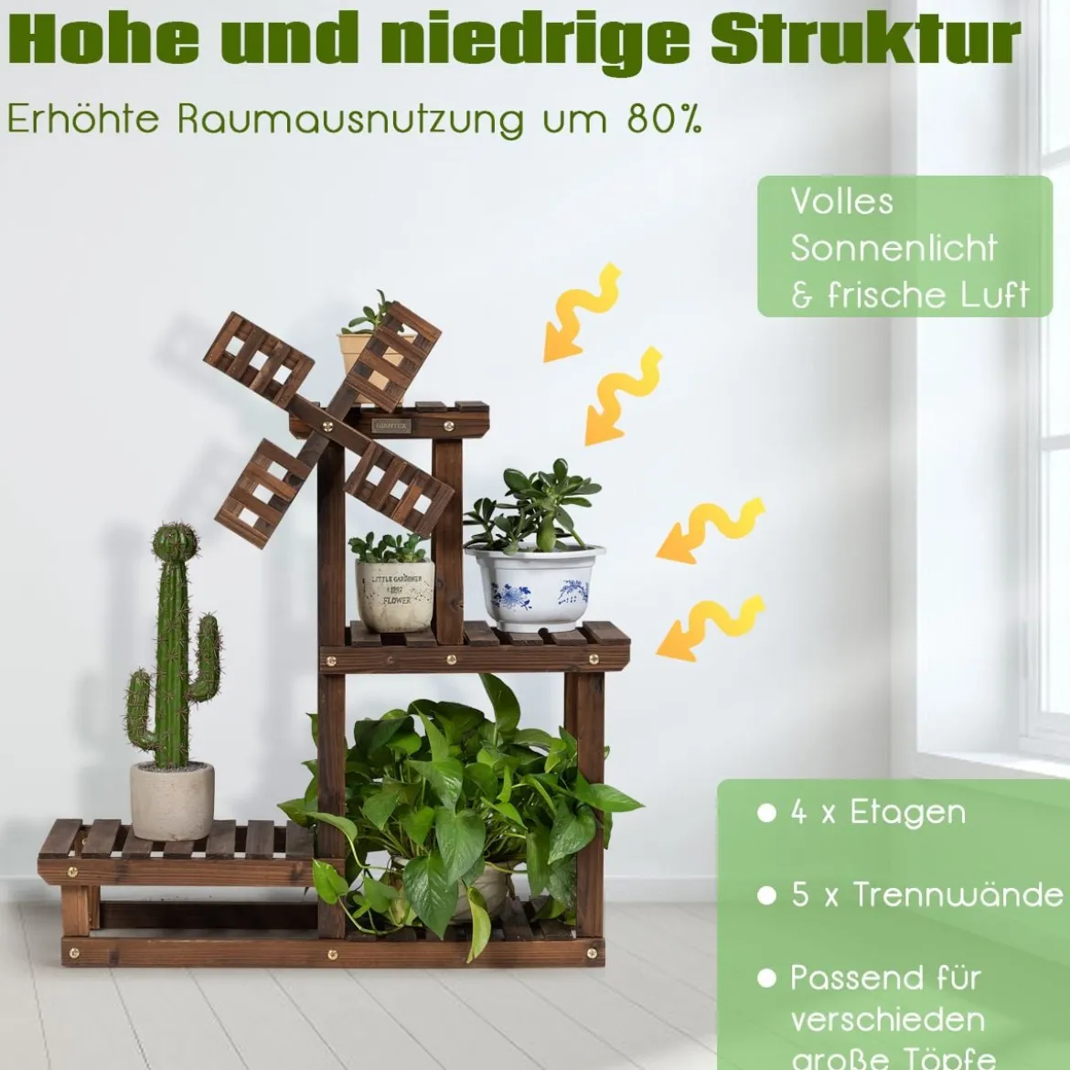 4-stufiges Pflanzenregal Rustikaler hölzerner Pflanzenständer 75 x 25 x 71 cm Braun